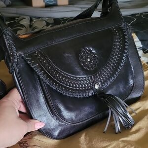 Patricia Nash London Tooled Elegant Black Leather Shoulder Bag
